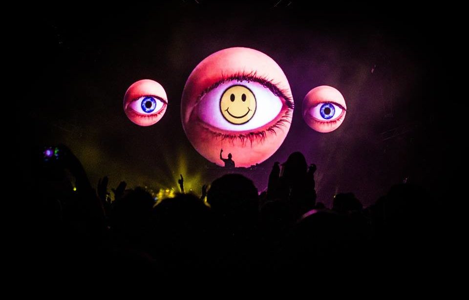 View of Fatboy Slim eye visuals on stage - Electric Gardens Auckland 2019 - Lineupping