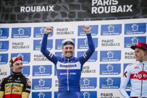 View of winner Philippe Gilbert on the podium at Paris Roubaix 2019